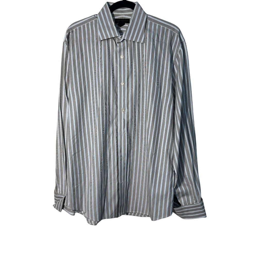 Express Design Studio Mens Blue Grey Striped Premium Woven Cotton Shirt Large